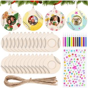 24Pcs Baseball Sports Ornaments Craft for 1.6 in Photo DIY Unfinished Wooden Baseball Picture Frames Kit with Colorful Pens, Dazzling Sticker Sheets for Sports Player Athletes Team Party Favor