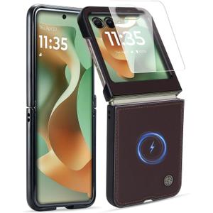 2 x ASAPDOS Genuine Leather Folio Magnetic Case for Motorola Razr 2025/2024 [Compatible with MagSafe],Built-in Screen Protector and Thin Slim Protective Case Cover Coffee