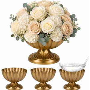 Gold Vintage Vase for Table Centerpieces,9'' Wide 6.5'' High Waterproof Brass Metal Compote Vase,4 Set Antique Pedestal Bowel for Wedding Party Farmhouse Home Decor