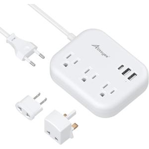 European Travel Plug Adapter, Alitayee EU/UK/US Travel Power Strip with 3 Outlets 3 USB Ports, International Universal Plug Adapter with 3ft Extension Cord to EU UK Italy Spain France Germany Cruise