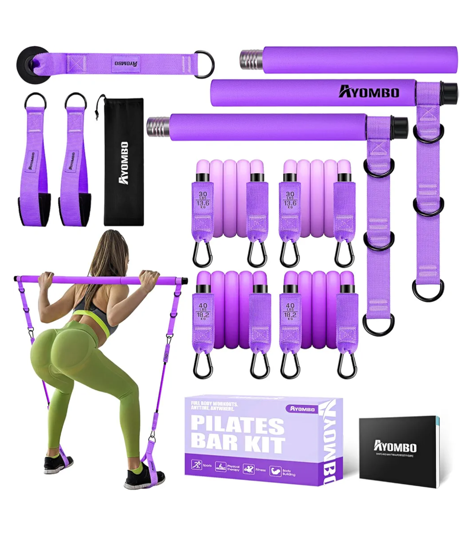 Pilates Bar Kit with Resistance Bands, Pilates Workout Equipment for Legs, Hip, Waist, Arm, Squats Exercise Equipment for Home Workouts, Adjustable 3-Section Pilates Bar Kit for Women & Men