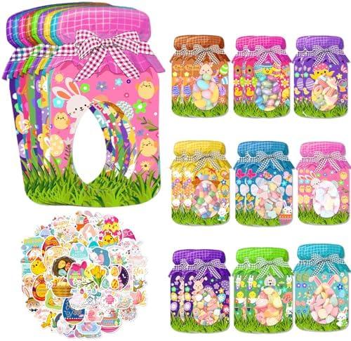 KnvsS Happy Easter Candy Cards Mason Jar Greeting Cards Bulk Easter Gift Exchange Candy Holder Cards Kit with 50pcs Easter Themed Stickers (Easter Pink 36pcs)