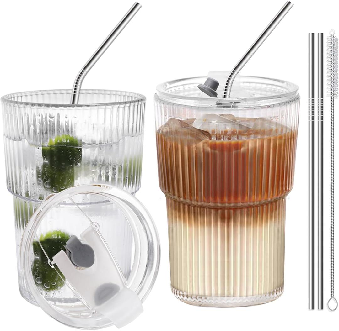 Iced Coffee Cups With Lids and Straws 2 Pcs, 16 OZ Unbreakable Glasses Drinking Set,Clear Plastic Cups Reusable Iced Coffee Tumbler with Lid and Straw, To Go Coffee Cups Dishwasher Safe