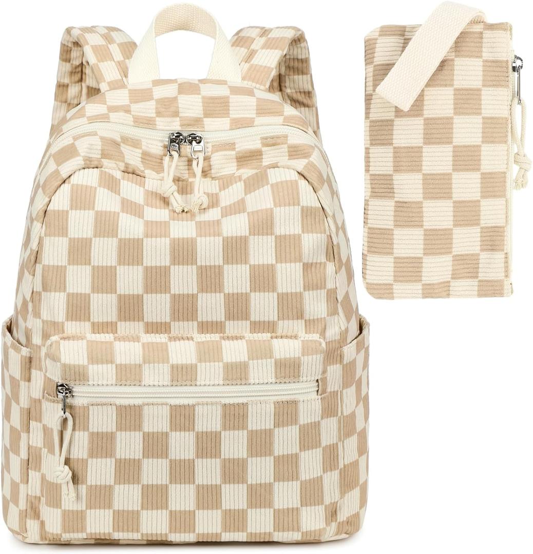 LEDAOU Mini Backpack Set Fashion Bookbags with Purse Wallet Cute Backpack Set for Women Teens School Travel Bag (Brown White Check)