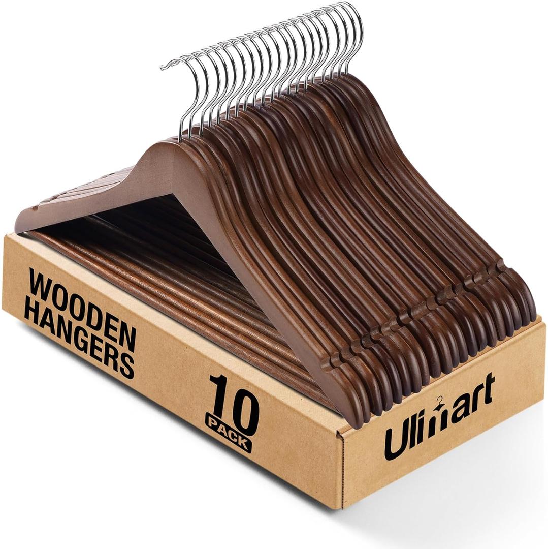 Wooden Hangers 10 Pack: Solid Shirt Hangers with Pants Bar, Heavy Duty & Slim Coat Hanger, for Suit Coat Jacket Pants (Walnut)