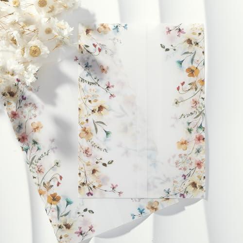 UNIQOOO 50 Pack Blur Wildflower Pre-Folded Vellum Jackets for 5x7 Invitations, 115GSM Semi-Transparent Vellum Paper, for Autumn Wedding Invitation Accessories