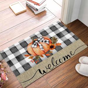 Fall Front Door Mat Indoor Entrance, Thanksgiving Welcome Orange Pumpkin Non Slip Doormat Absorbent Resist Dirt Floor Mats Washable Low Profile Sunflower Plaid Inside Rugs for Entryway, 16''x24''