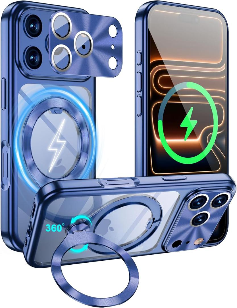 Compatible with iPhone 17 pro max Case with CD Metal Ring Stand CD Full Camera Protection Electroplated Magnetic Cover Shockproof Military Drop Protection for Woman Men Blue