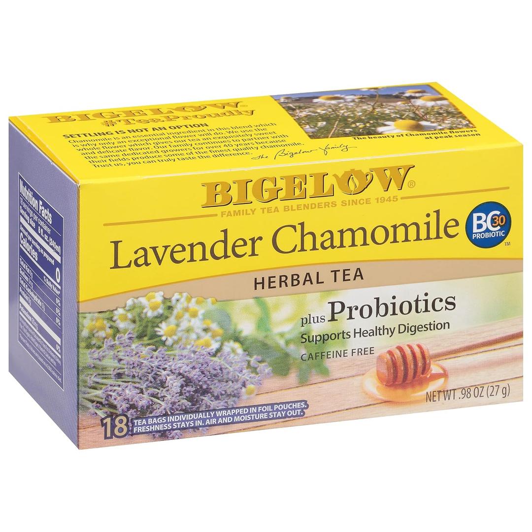 Bigelow Tea Lavender Chamomile Plus Probiotics Herbal Tea, Caffeine Free with Lavender Chamomile, 18 Count Box (Pack of 6), 108 Total Tea Bags (EXP 06/01/28)