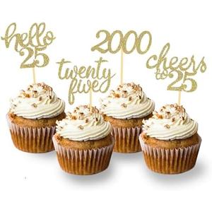 24Pcs Glitter 25th Birthday Cupcake Toppers, Hello 25th Birthday Cake Topper- 25th Birthday Decorations for Celebrating Twenty-Five Years Old Birthday Party (Gold)