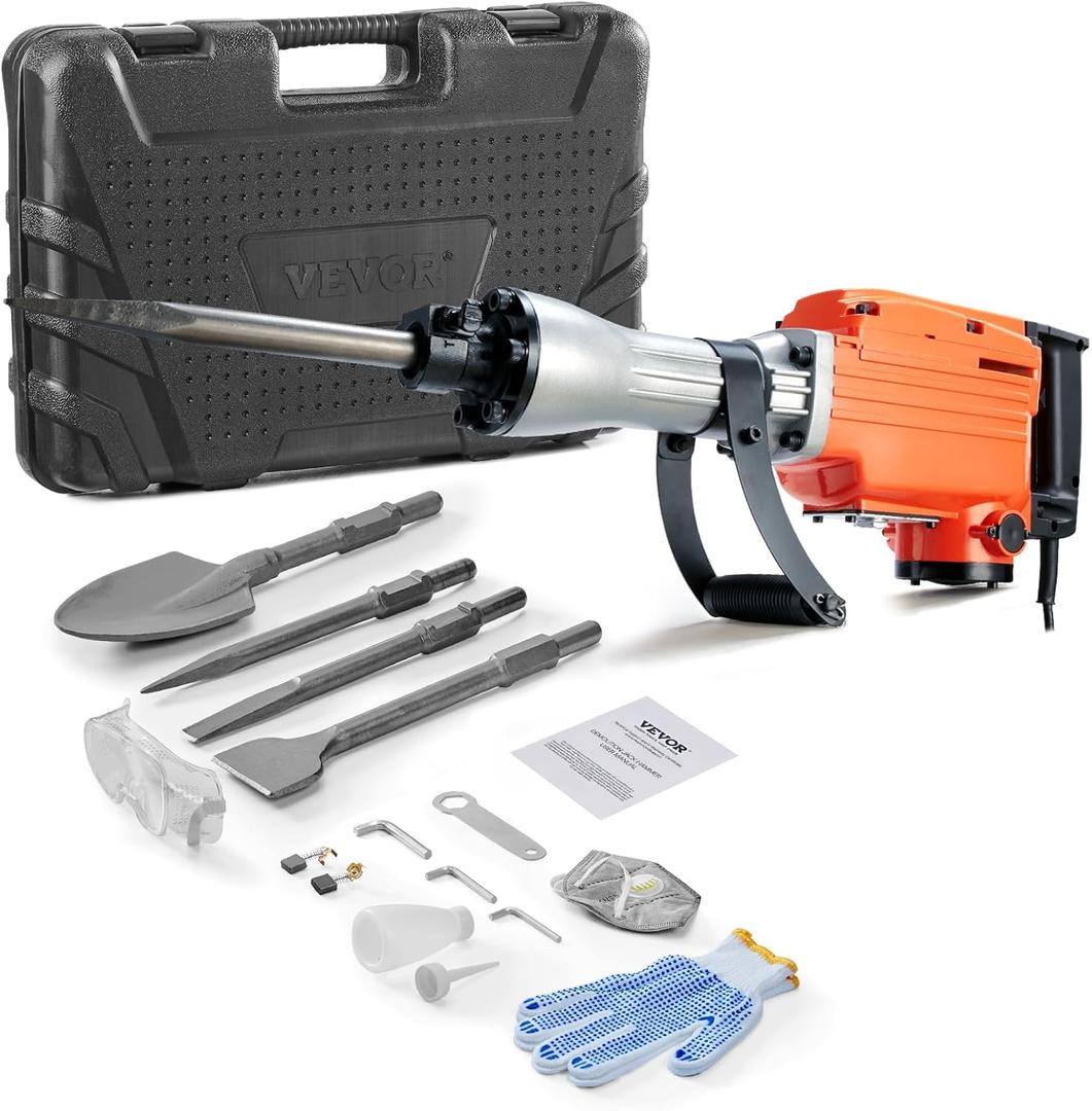 VEVOR Demolition Jack Hammer, MAX 2200W Electric Jackhammer Heavy Duty, 1350 BPM Concrete Breaker 4pcs Chisels Bit Chipping W/Case, Gloves (Orange)