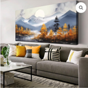 Landscape Wall Art for Living Room, Sunrise Mountain Tree Canvas Print Painting for Bedroom, Gold and Blue Picture Artwork Decor, Large Size 60x30 Inc