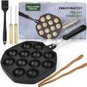Artcome Takoyaki Pan with Handle - 12-Hole Nonstick Takoyaki Maker with 2 Wooden Picks & Silicone Brush, Octopus Ball Grill for Gas Stove, Japanese Snack Cooker for Takoyaki, Cake Pops, Aebleskiver