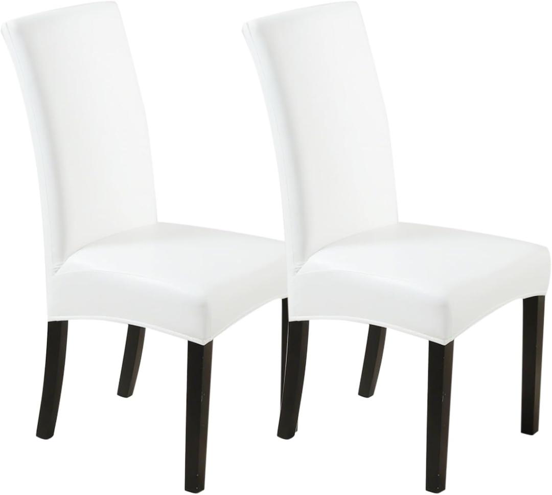 Waterproof Dining Chair Covers - Solid Oilproof PU Leather Chair Covers 2 Pack, Stretch Protector for Kitchen & Dining Room (White, 2PC)