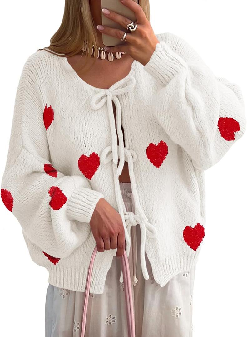 Saodimallsu Womens Tie Front Cardigan Sweaters Cute Bow Puff Long Sleeve 2026 Spring Loose Ribbed Knit Trendy Sweater Tops, XL