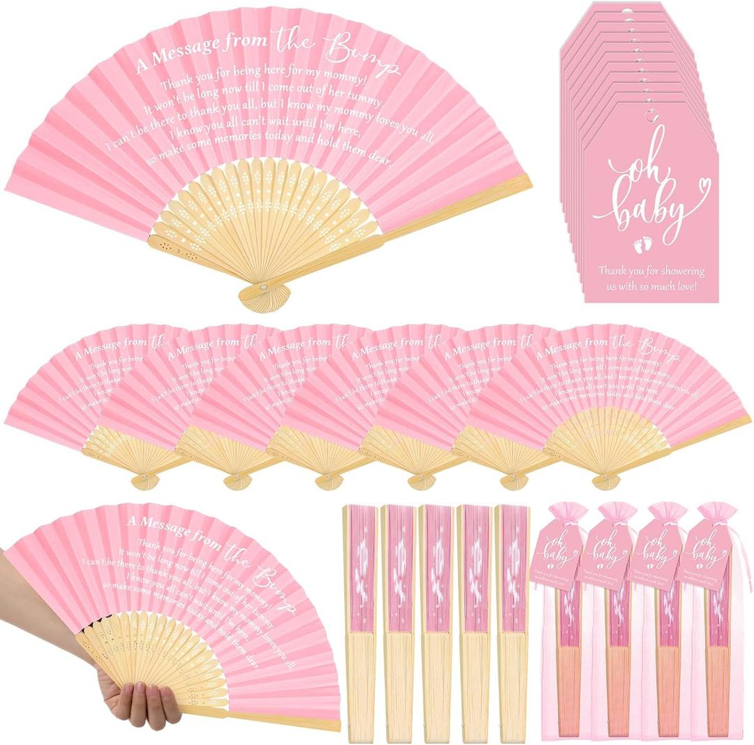 Threehoney 25 Set Baby Shower Favors for Guests Pink Folding Paper Fans a Message from the Bump Favors Bamboo Fans with Thank You Tags Handheld Pink Fans Baby Shower Party Favor for Girl Gender Reveal