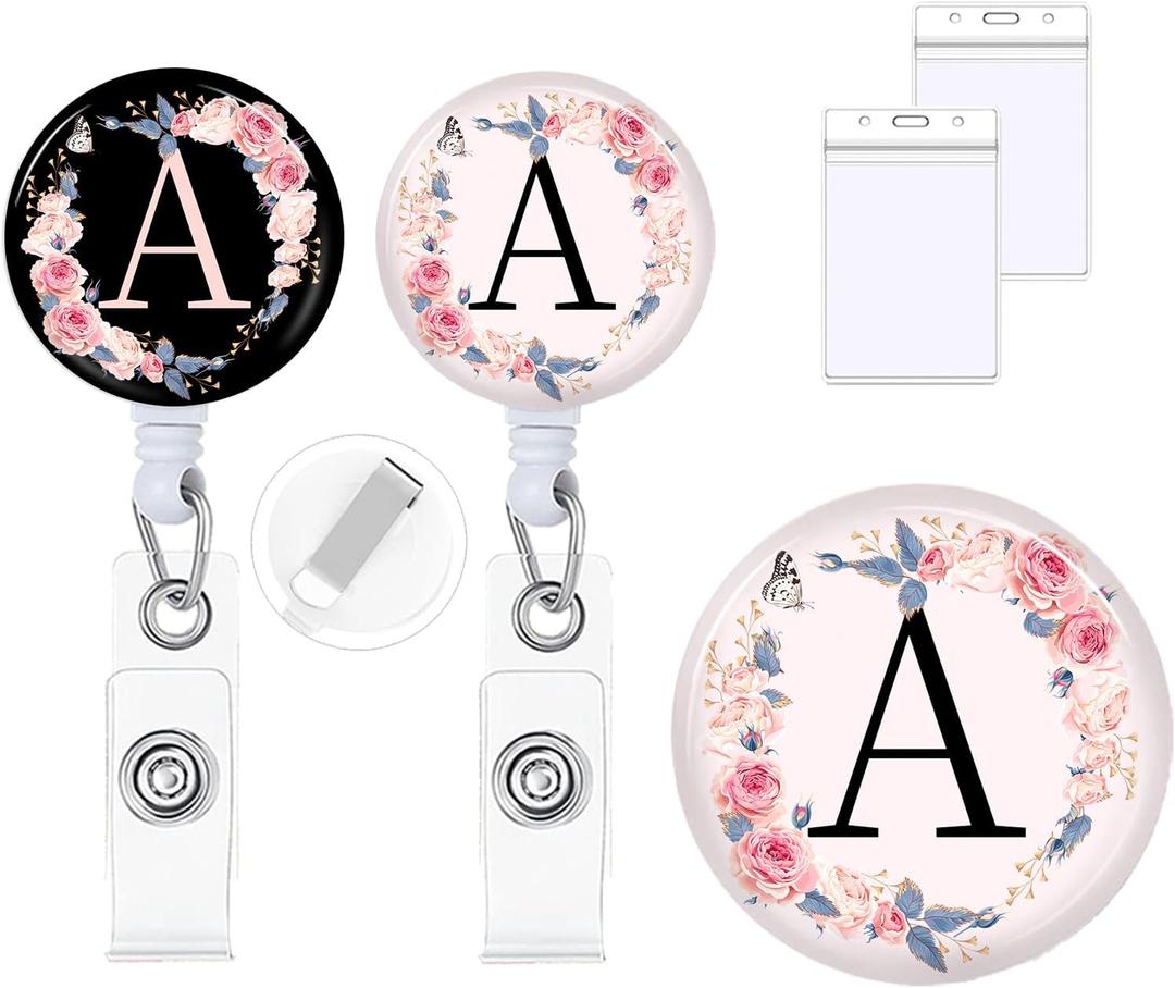 2Pcs A-Z Letter Badge Reels with Vertical Clear Plastic ID Card Holders (2.5" x 3.7") Retractable Name Tag ID Clip Holder Nursing Student RN Pediatric Teacher Office Work Accessories A