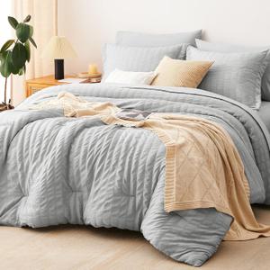 CozyLux Queen Bed in a Bag - Light Grey Seersucker Textured Comforter Set - 7-Piece All Season Bedding with Comforter, Pillow Sham, Flat Sheet, Fitted Sheet and Pillowcase
