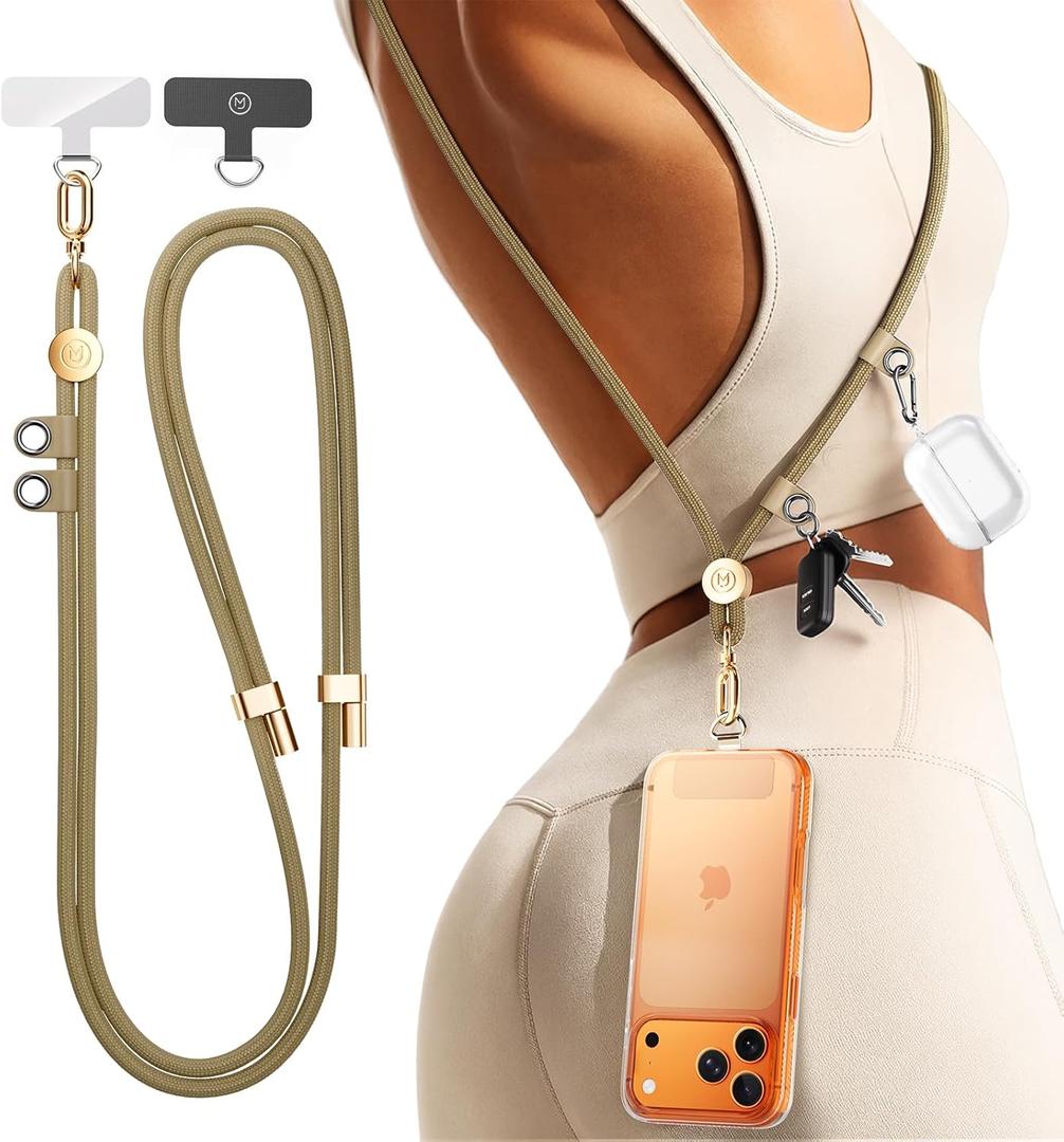 Manna Joy Phone Lanyard Crossbody with 2 Hanging Loops: Metal Buckle Adjustable Skin-Friendly Cell Phone Strap for iPhone Around,Hands-Free Universal Anti Theft Neck Lanyards For Outdoor Travel,Khaki