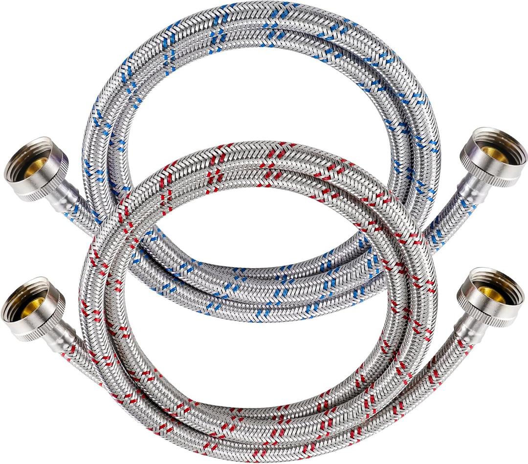 4 Ft Washing Machine Hoses, 2 Packs Premium Stainless Steel Washer Hoses Burst Proof, Hot and Cold Striped Water Supply Hoses with 3/4'' Standard Interface fit for ALL Washer