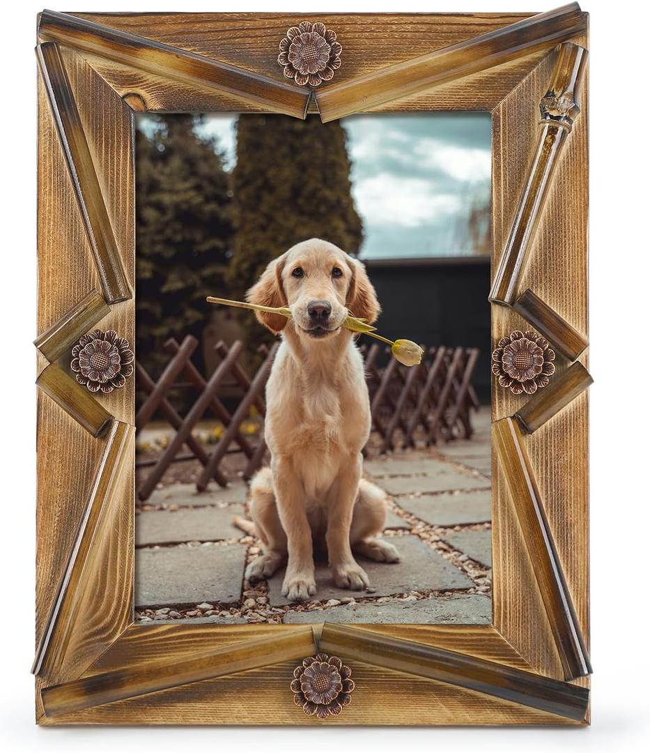 5x7 Farmhouse Picture Frame for Friend Dog Wedding Photos, Rustic Bamboo Frames with Stand, Horizontal or Vertical Display, 5 by 7 Decorative Photo Frame for Living Room Bedroom Decoration Unique Gift (Star)