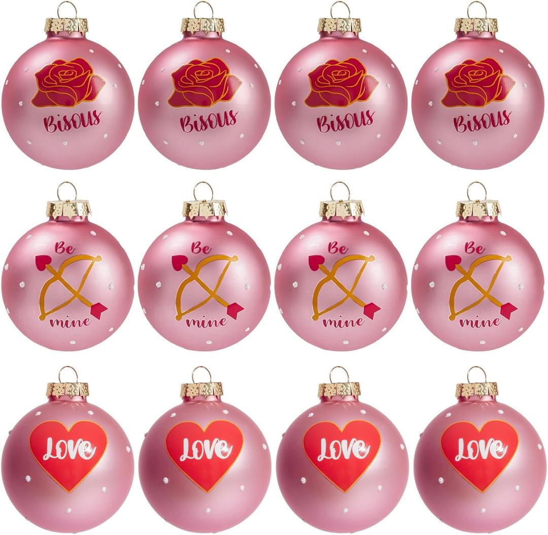 DN DECONATION 12Pcs Valentines Day Ball Ornaments, Pink Red Glass Ball Ornament with Rose Heart Love for Valentine's Tree Decor Wedding Party Supplies Hanging Baubles Decoration