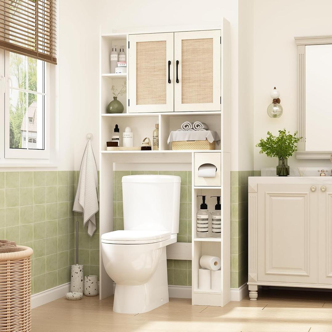 RUSTOWN Rattan Over The Toilet Storage Cabinet,Boho Over Toilet Bathroom Organizer with 2 Doors & Adjustable Shelves,Modern Above Toilet Rack with Toilet Paper Holder for Bathroom (Vintage White), 30.7 inches x 66.9 inches x 7.9 inches