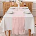 Peachy Blush White Plaid Gingham Ruffle Table Runner 90 inches Long 100% Washed Cotton Decorative Farmhouse Cabinet Cover (Blush, 90"x13")