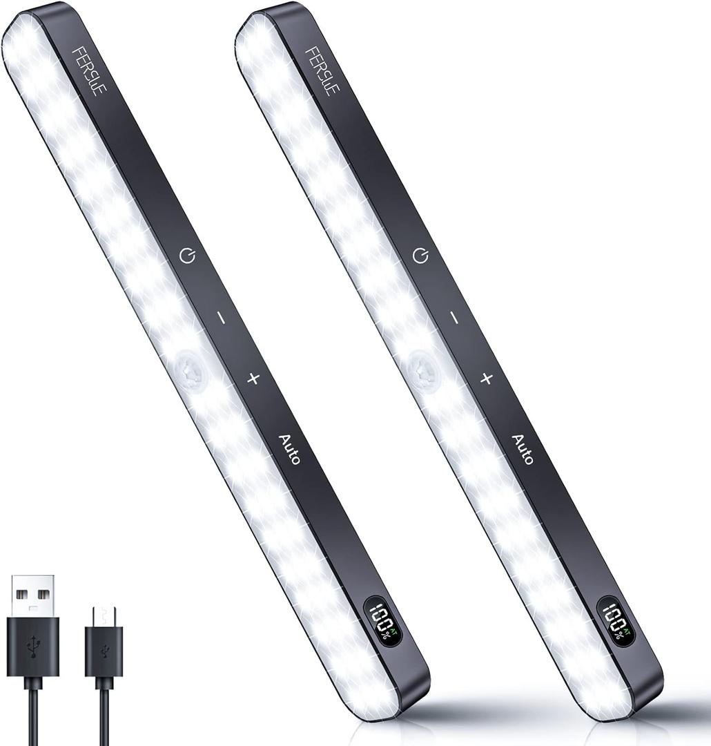 Ferswe Under Cabinet Lights Rechargeable, Battery Level Display, 60 LED Motion Sensor Cabinet Light, Dimmable Touch Control, Under Counter Lights for Kitchen, Closet, Cupboard(2 Pack) (Cool White 6000K)