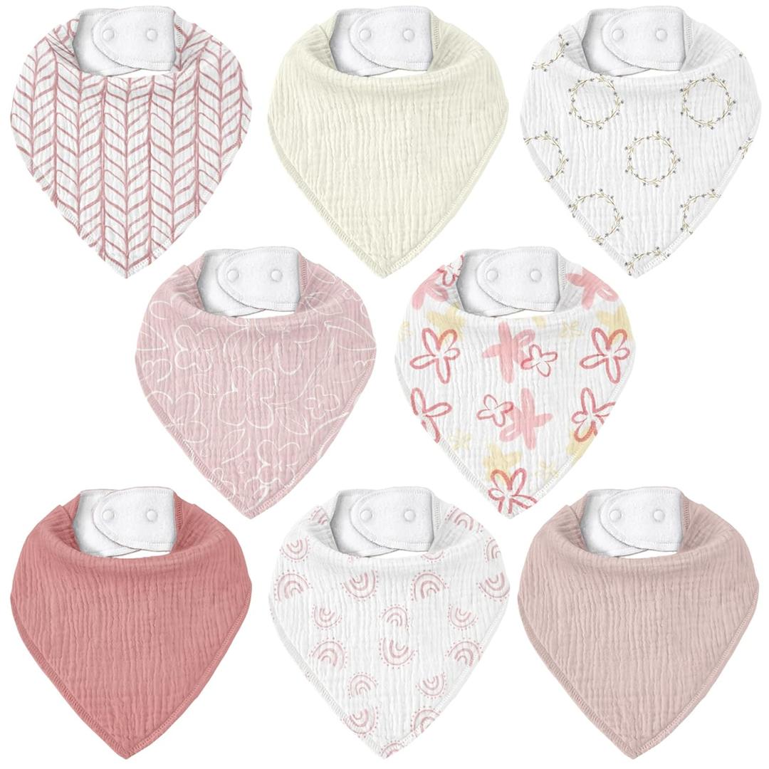 Muslin Baby Bibs 8 Pack, Baby Bandana Drool Bib for Drooling and Teething, Cotton Soft Absorbent for Girls Boys Spring Impression (Pink Floral)