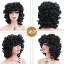 Short Curly Wigs for Black Women Afro Big Curly Wig with Bangs Black Soft Bouncy Fluffy Heat Resistant Synthetic Wig for Daily Party Use (Natural Black,14Inch)