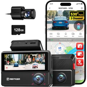REDTIGER 530 Dash Cam 3 Channel, 2.5K+2.5K+1080P Triple Car Camera with 128GB Card, IR Night Vision, Touch Screen, Dashcam for Front Inside Rear Included WiFi GPS, 24H Parking Mode