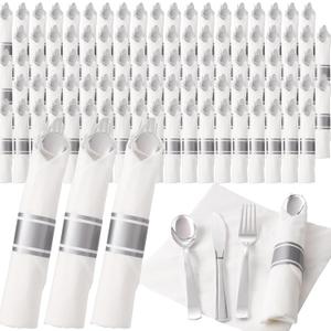 200Guests Pre Rolled Silver Plastic Silverware Sets - Heavy Duty Silver Cutlery - Include 200 Pack Wrapped Disposable Utensils with Napkins for Parties & Dinners & Weddings