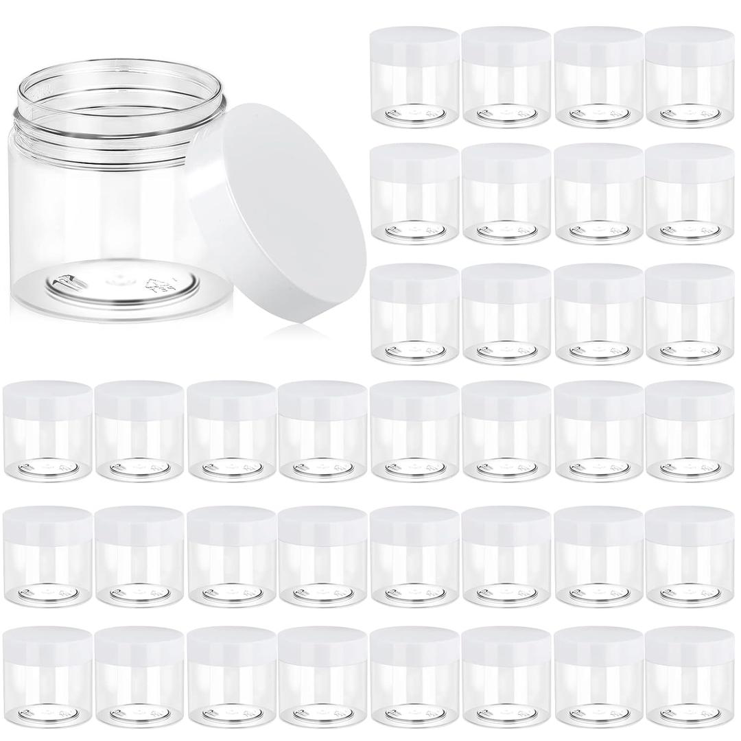 Eternal Moment 36 Pack 6 OZ Plastic Jars Round Clear Cosmetic Container Jars with White Lids, Perfect for Lotion, SlimeCream, Ointments, Makeup, Eye Shadow, Samples, Pot, Travel Storage