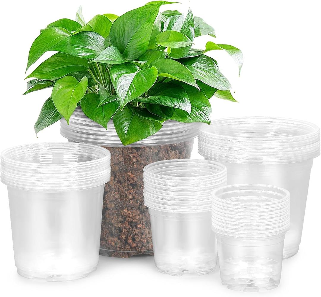 50 Pack 3/4/5/6/7 Inch Clear Nursery Pots with Drainage Holes, Durable Plastic Nursery Pots for Plants, Succulents, Herbs, Flowers, and Vegetable Seedlings (3+4+5+6+7 inch)