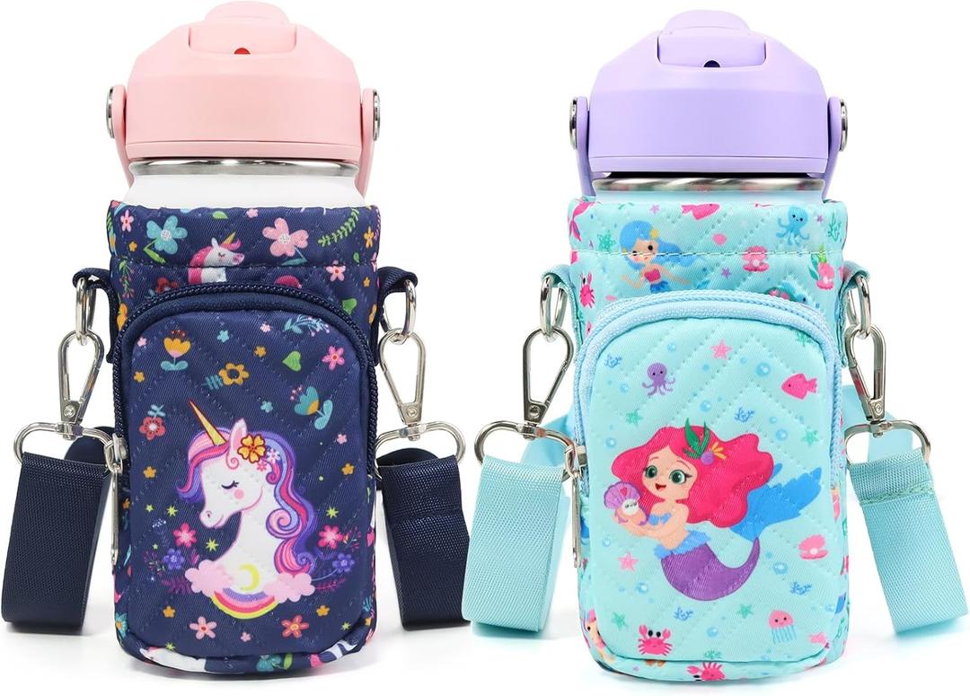Water Bottle Carrier Bag for Kids, Insulated Holder With Adjustable Strap for 10/12/14/16/18oz Bottles, Sleeve for Boys Girls School Travel Sports (2 Packs-Mermaid+Unicorn)