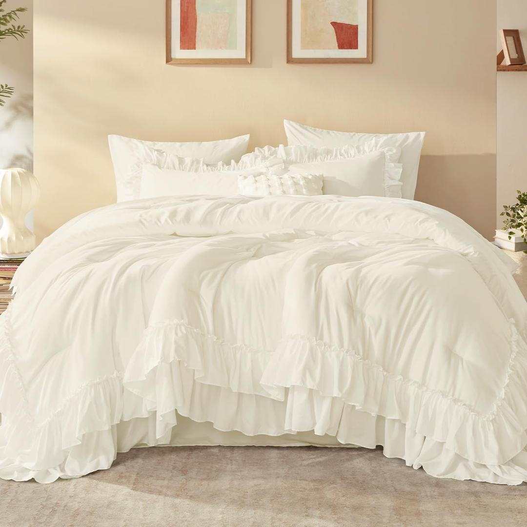 Litanika Queen Comforter Set, 7 Pcs Ivory Ruffle Bed in a Bag