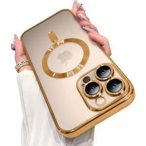 OOK Magnetic Case Made for iPhone 16 Pro (6.3 Inch) [Built-in Camera Lens Protector] [Compatible with MagSafe] Soft TPU Anti-Scratch Shockproof Protective Slim Clear Case for Women Men - Gold