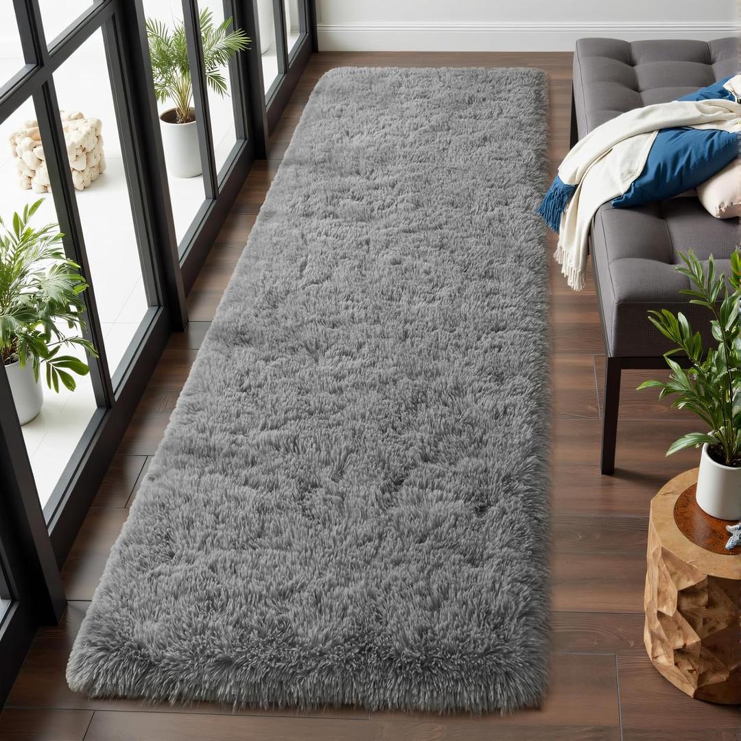 Macgace Fluffy Runner Rug, 2x6 Grey Washable Hallway Area Rugs for Bedroom Living Room Kitchen Laundry, Long Shag Rug with Non Slip Rubber Backing Fuzzy Entryway Carpet Modern Home Decor