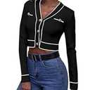 Floerns Women's Contrast Binding Long Sleeve V Neck Button Front Cardigan Outerwear Black M