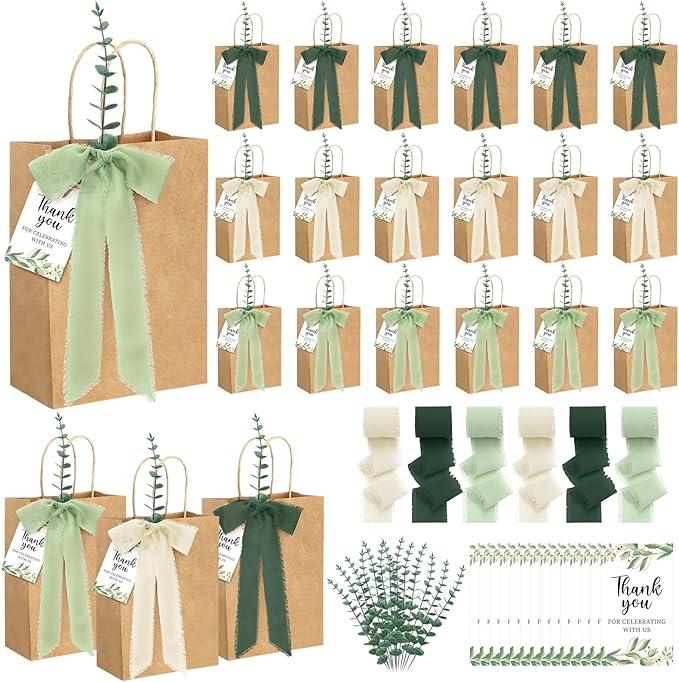 Motipuns 50 Sets Wedding Bags for Guests Bulk Sage Green Wedding Welcome Gift Bags Stuffers with Faux Eucalyptus Stems Chiffon Ribbon Thank You Cards for Bridal Party Baby Shower