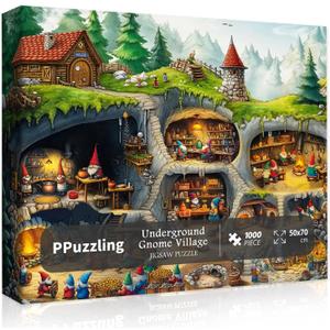 Fantasy Gnome Village Puzzles for Adults 1000 Pieces, Funny Forest Underground Gnomes House Art Jigsaw Puzzle, Challenging Hard Nature Cave Scene Puzzle