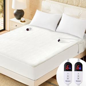 Electric Heated Mattress Pad King Size Dual Control Bed Warmer, Deep Pocket, Side Storage Pouch for Controller, Machine Washable, Waffle Jacquard, 78"x80", White