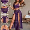 Avidlove Women Lingerie Babydoll Chemise 3 Piece Set Mesh Side Split Nightgown (Purple, L)