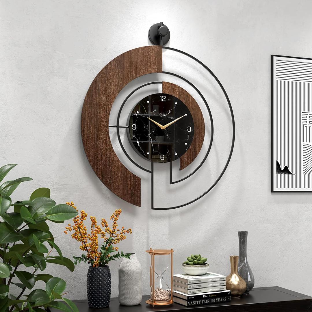 Modern Walnut Marble Dial Wall Clock, Large Wood Metal Frame Silent Non Ticking Wall Clocks for Living Room, Bedroom Decoration, Contemporary Home Wall Decor Gift Idea, 26.4 in