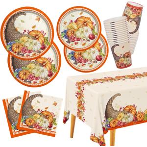 Fall Pumpkin Harvest Party Supply Kit Includes Cornucopia Disposable Paper Dinner Plates, Dessert Plates, Napkins, Cups, and Tablecloth for Thanksgiving Autumn Party Decorations, Serve 25