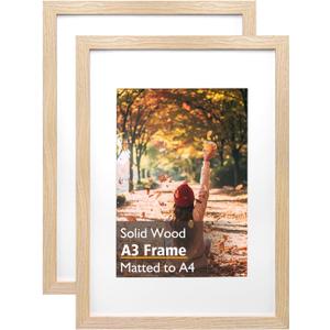 KINLINK A3 Picture Frames Natural, Solid Wood Frames with Acrylic Plexiglass for Pictures A4 with Mat or A3 without Mat Wall Display Poster Frame Set of 2, 11.7 x 16.5 in