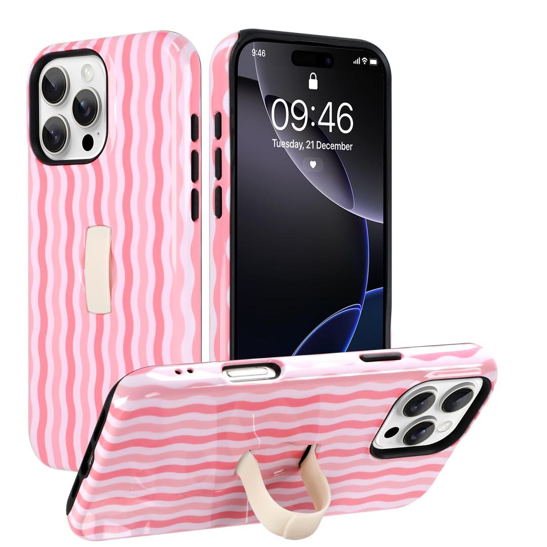 Ufbara Compatible with iPhone 16 Pro Case, Cute Glossy Wavy Stripe Design