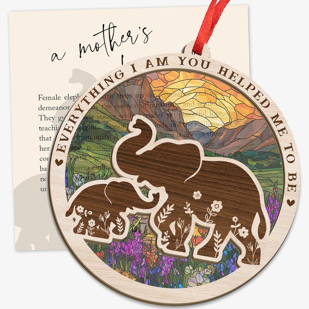 GEEMBI Christmas Elephant Gifts for Mom from Daughter - Suncatcher Elephant Christmas Ornaments 2025 with Card - Mothers Birthday Gifts for Grandma Mother in Law Mama, Stocking Stuffers for Women