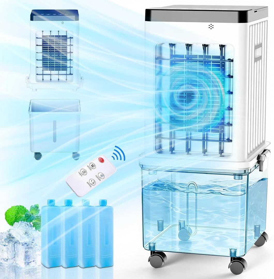 Portable Air Conditioners S2 3.2-Gal Large Water Tank,4 Ice Boxes,120° Wide Oscillation, 3-Speeds, 12H timer,6 Feet Power Cord, The High-quality Water Curtain, Top and Bottom Dual Tanks, Remote & Touch Control- 3pc